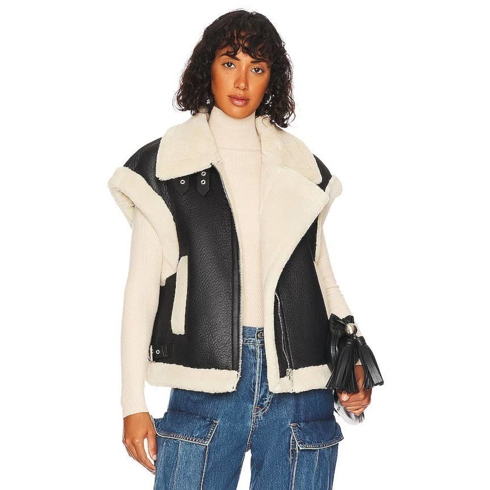 BLANKNYC Faux Leather & Sherpa Trimmed Waistcoat In Work It XL NWT